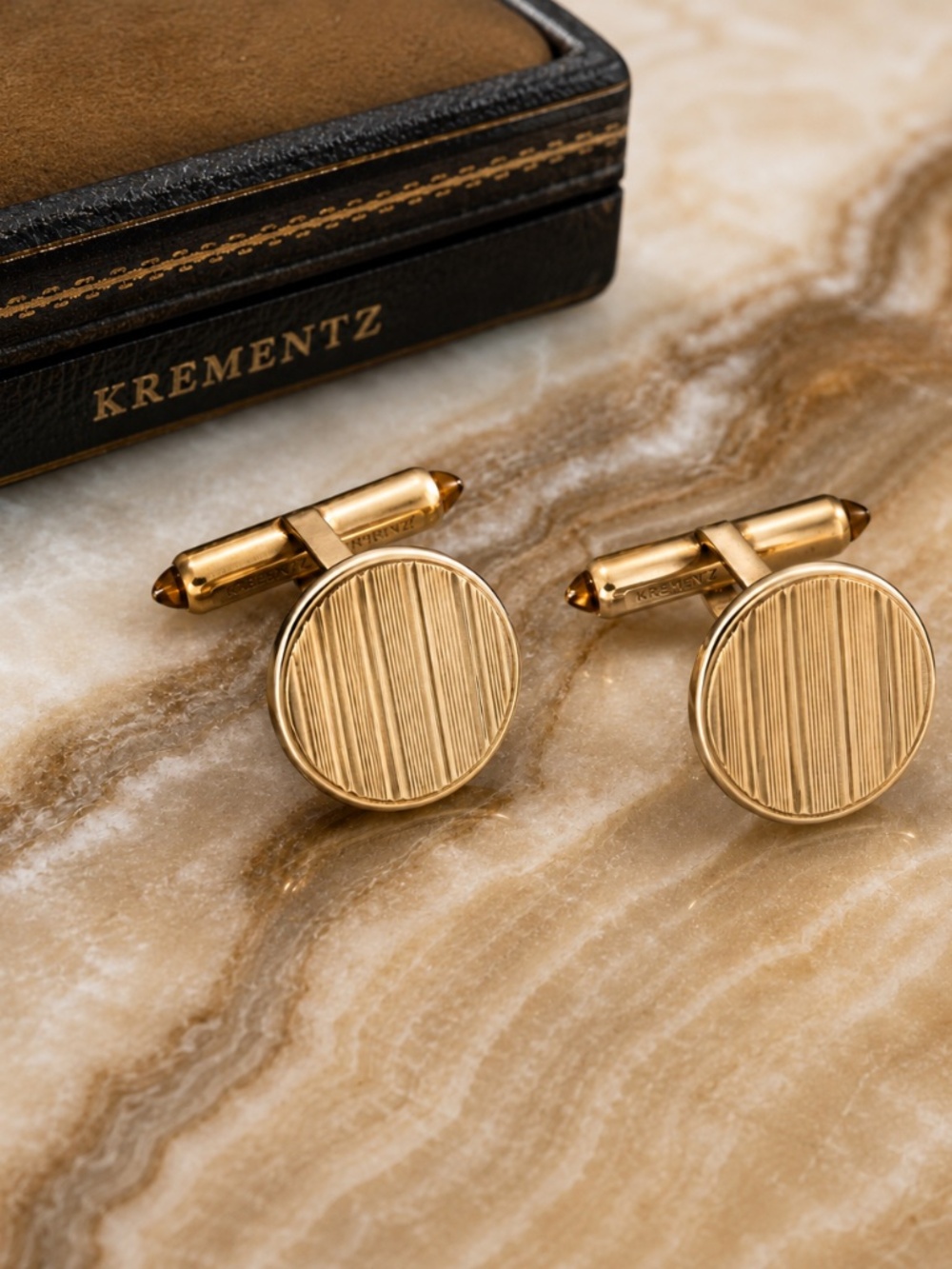 Vintage Krementz Gold Tone Round Cufflinks Engraved Stripe Design Mid Century